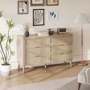 47 Inch Modern Closet Dressers, Farmhouse Chest of Drawer with 5 Strong Legs, 6-Drawer Rattan Dresser, for Bedroom, Living Room, Beige - 1 of 4