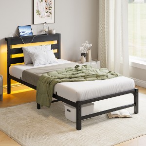 XIYUYEU Twin Size Bed Frame, Platform Bed Frame with Headboard, USB Charging Station, LED Bed, Strong Steel Slats - 1 of 4