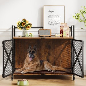 31'' Dog Crate Furniture, Double Doors, Wooden Heavy Duty Dog Kennel Indoor with 4 Wheels, for Large Medium Small Dogs - 1 of 4