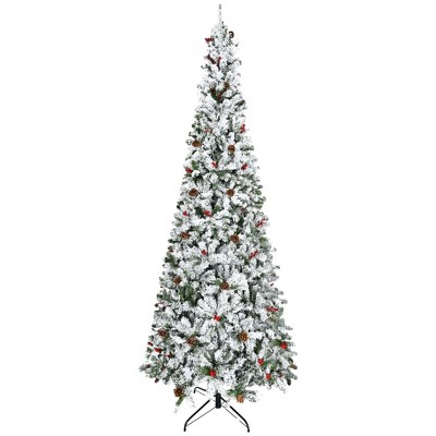 TopComfy Christmas Tree Stand Pencil Snow Flocked Tree with Pinecones Red Berries and Assembly for Modern Holiday Decor, Green, 39.3"*39.3"*106.3"
