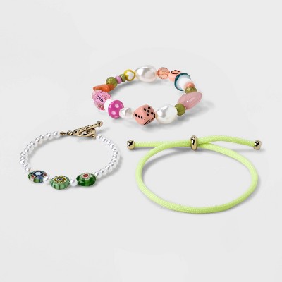 Chunky Bead And Simulated Pearl Stretch Bracelet 3pc - Wild Fable™  Green/pink : Target