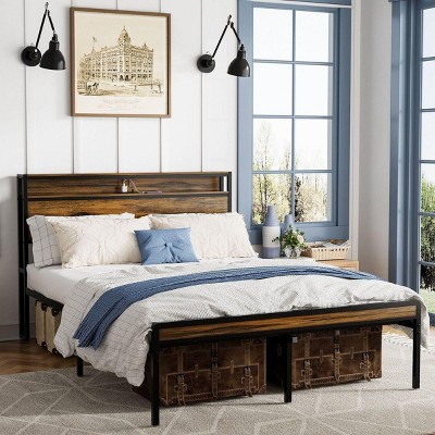 Streamdale Queen Bed Frame with Storage, LED Light, Charging Station, Vintage Brown
