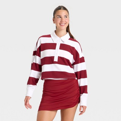 Women's Game Day Striped Cropped Long Sleeve Polo T-Shirt - JoyLab™