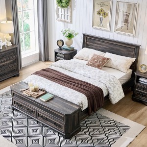 SinCiDo  Farmhouse Full Bed, with 58" Storage Chest, 2 Large Drawer,Rustic Wood Platform Bed, with Headboard and Storage Bench, Dark Rustic Oak - 1 of 4