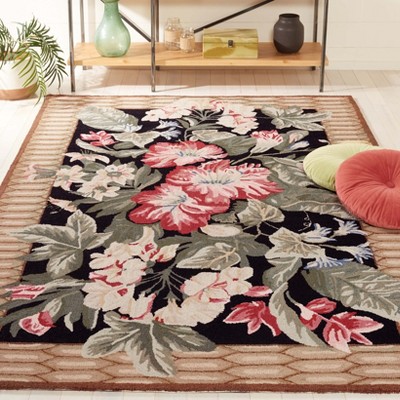 Handmade Black Floral Wool Rectangular Area Rug