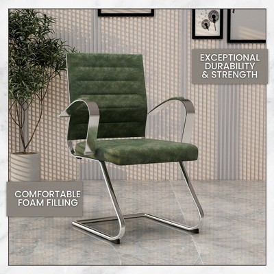Green Leather Office Chair with Fixed Arms and Metal Frame