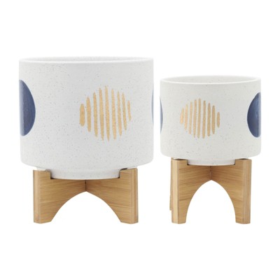 VisioGear 2PCS Round Planter with Stand, Plant Pots for Living Room, Bedroom, White, 7.75"*7.75"*10.5"