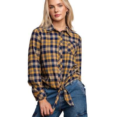 Slickblue Women's Mustard Plaid Button Down Shirt with Tie Front and Pocket - Casual Long Sleeve Top Size S-L