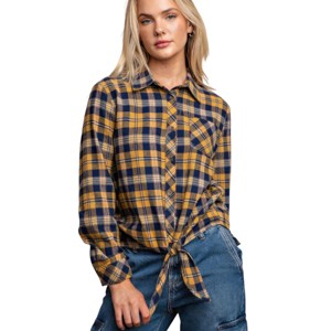 Slickblue Women's Mustard Plaid Button Down Shirt with Tie Front and Pocket - Casual Long Sleeve Top Size S-L - 1 of 4