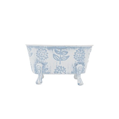 3.74" x 6.1" Embossed Blue Floral Design Metal Planter Bathtub Kitchen Bathroom Soap Dish Holder Tray