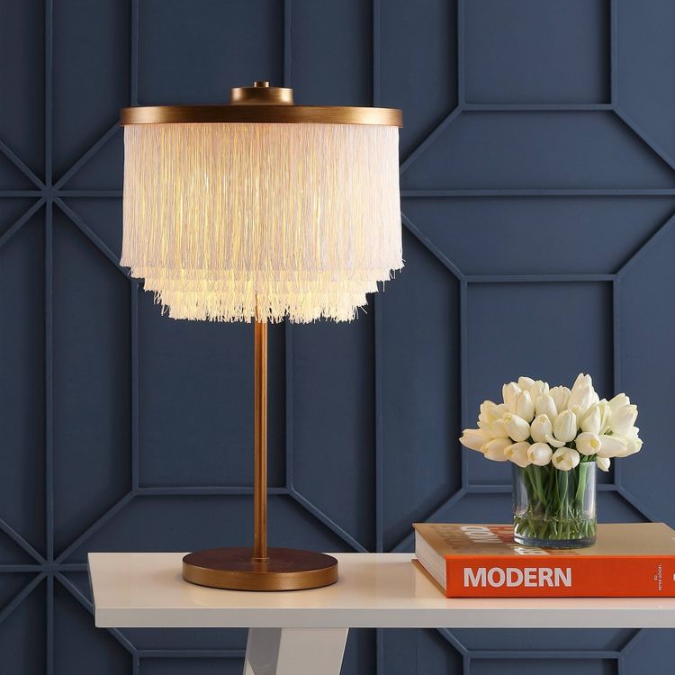27.5" Fringed/Metal Coco Table Lamp (Includes LED Light Bulb) Gold - JONATHAN Y: Modern Design, Dual Sockets, UL Listed, 1 of 4