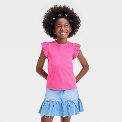 Girls' Short Ruffle Striped Ribbed T-Shirt - Cat & Jack™ Dark Pink M