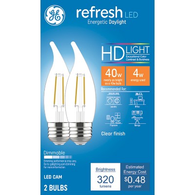 GE 2pk 40W Refresh LED Decorative Light Bulbs: 120V 4W Chandelier E26 Base, Dimmable, Energy Star Certified, 5000K White