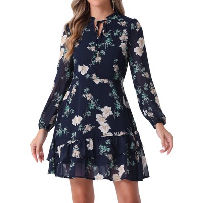 INSPIRE CHIC Women's Summer Floral Layered Tie V-Neck Semi-Sheer Long Sleeve Mini Dress