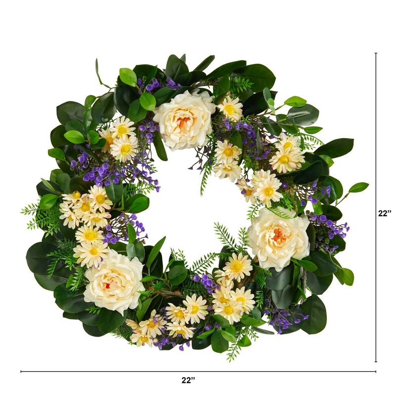 Nearly Natural 22” Mixed Rose and Daisy Artificial Wreath, 2 of 3