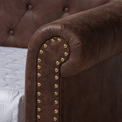 Mabelle Twin Brown Faux Leather Daybed with Trundle and Nailhead Trim