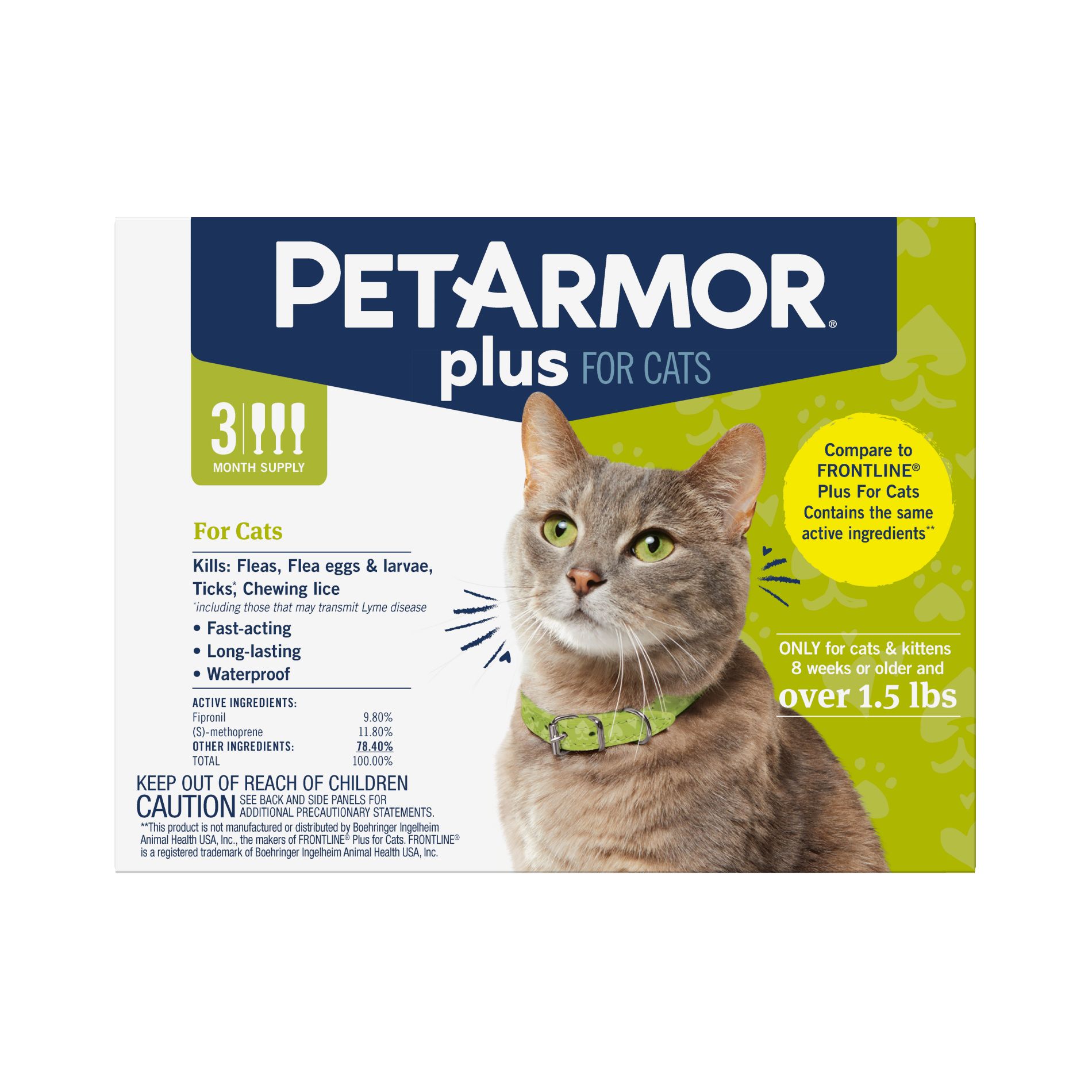 PetArmor Plus Flea and Tick Topical Treatment for Cats - Over 1.5lbs - 3 Month Supply - 0.051 fl oz: Waterproof, Whole Body, Oil Form, All Ages