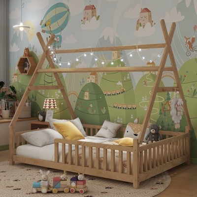 TUYOHW Twin Size Toddler Floor Bed with Fence and Roof for Kids,Modern House Montessori Bed with Light for Bedroom