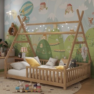 TUYOHW Twin Size Toddler Floor Bed with Fence and Roof for Kids,Modern House Montessori Bed with Light for Bedroom - 1 of 4