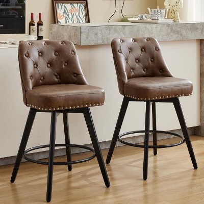 2PCS Counter Height Bar Stools with Back and Wood Legs, 26" Upholstered Barstools Bar Chair for Kitchen Island Home Bar