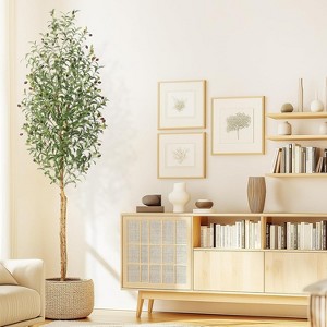5/6/7 FT Artificial Olive Tree, Realistic Natural Wood Trunk, Plant with White Flower Pot and Green Fake Moss Outdoor Tree for Home Porch Decoration - 1 of 4