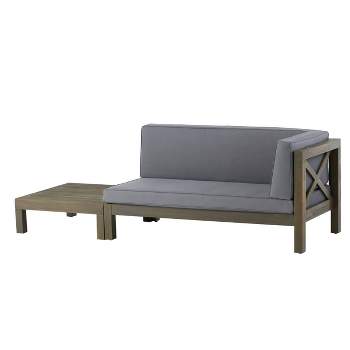 2pc Brava Outdoor Acacia Wood Right Arm Loveseat & Coffee Table with Cushion Gray/Dark Gray - Christopher Knight Home