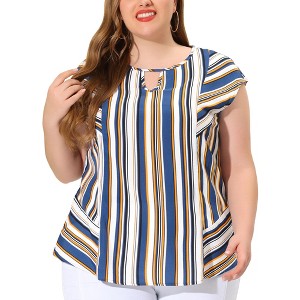 Agnes Orinda Women's Plus Size Blouse Keyhole Neck Cap Sleeve Stripe Top - 1 of 4