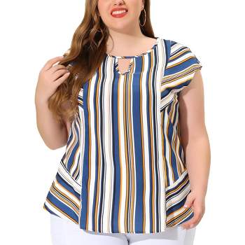 Agnes Orinda Women's Plus Size Blouse Keyhole Neck Cap Sleeve Stripe Top
