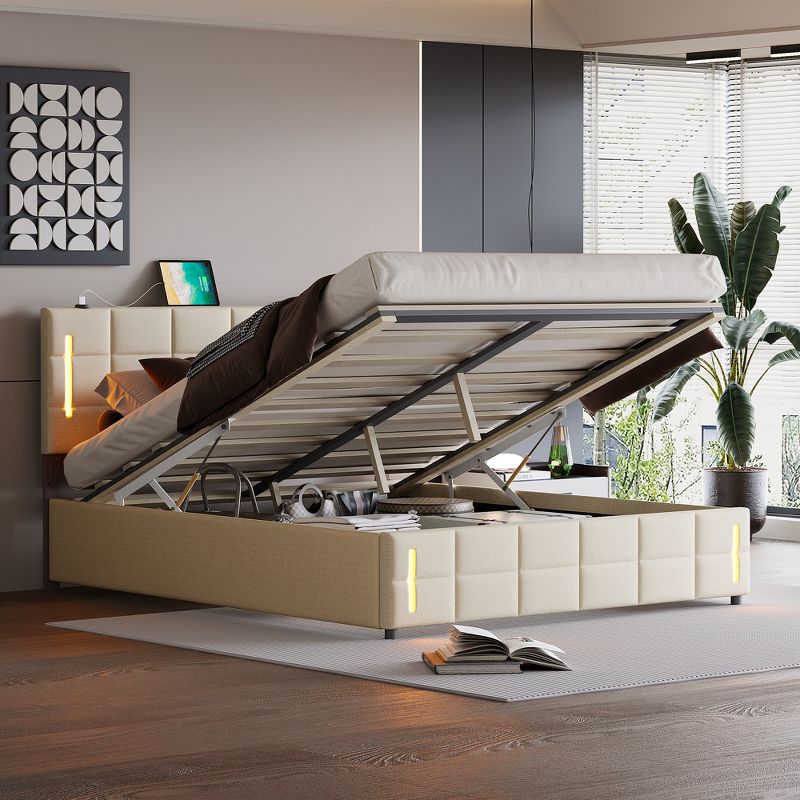 Full/Queen Size Upholstered Bed with Hydraulic Storage System and LED Light - ModernLuxe, 2 of 10