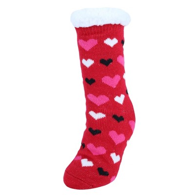 CTM Women's Plush High Pile Fleece Winter Fleece Lined Hearts Slipper Socks