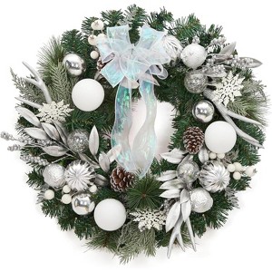 24 Inch Lighted Christmas Wreath for Front Door, Pre-Lit Silver and White Holiday Wreath with 20 Battery LED Lights, Ornaments and Bow - 1 of 4