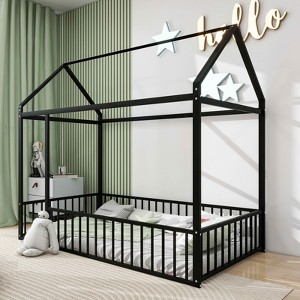 MAYEERTY Twin Size Metal House Bed Frame, Fence, Kids Teens Bedroom, White - 1 of 4