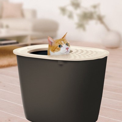 Brown and Off-White Plastic Top Entry Cat Litter Box with Scoop