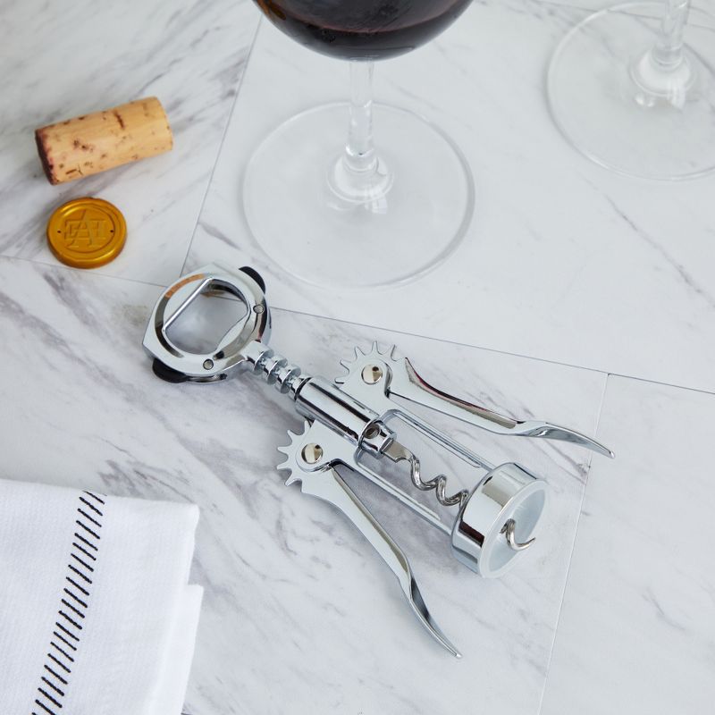 True Foil Cutting Winged Corkscrew with Built-In Foil Cutter and Bottle Opener, Metal Wine Key Self Centering Worm, Silver, Set of 1, 4 of 8
