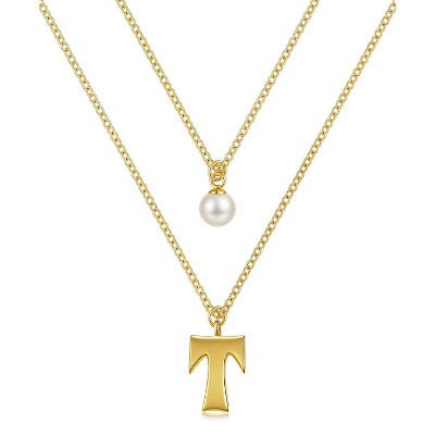 Molenia Multi-strand Initial Pearl Necklace for Women, 14K Gold Plated 925 Silver Double Stacked Layered Personalized Letter Pendant Birthday Jewelry