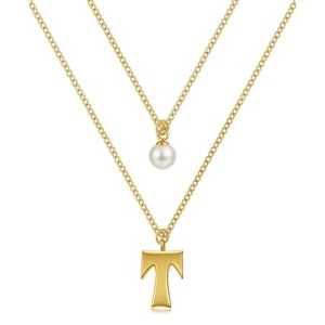 Molenia Multi-strand Initial Pearl Necklace for Women, 14K Gold Plated 925 Silver Double Stacked Layered Personalized Letter Pendant Birthday Jewelry - 1 of 4