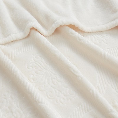 Ivory Ultra Soft Fleece Throw Blanket with Ogee Damask Pattern