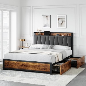 Rustic BrownStorage Bed Frame – 4-Drawer Platform with Charging Station (No Box Spring Needed) - 1 of 4