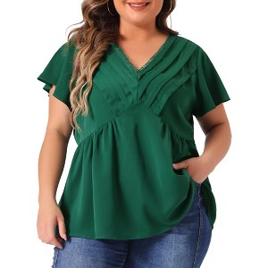 Agnes Orinda Women's Plus Size Summer V Neck Flare Short Sleeve Lace Pleated Peplum Blouses - 1 of 4
