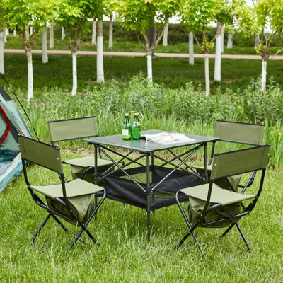 VisioGear Folding Chair, 5-Piece Folding Outdoor Chairs Set with 1 Table, Camping Chair for Picnics, Backyard, Black & Green, 19.3"*15.35"*30.5"