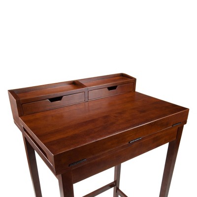 Transitional Walnut High Desk with Foldable Top and Drawers