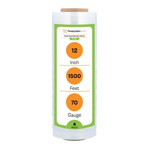 PSBM Cast Hand Stretch Wrap 12" x 1500' Clear Shrink Film 4 Rolls Clear 1500 FT Roll - 1 of 4