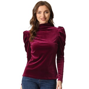 Allegra K Women's Puff Long Sleeve Turtleneck Elegant Velvet Velour Blouses - 1 of 4