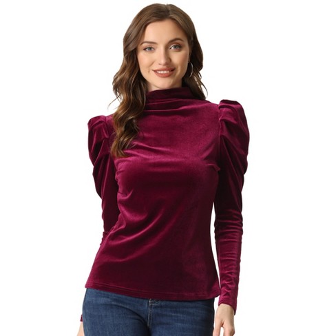 Allegra K Women's Puff Long Sleeve Turtleneck Elegant Velvet