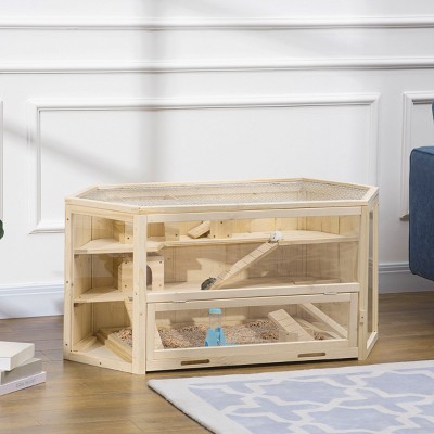LAOTIES 45" Wooden Hamster Cage,3 Tier Small Animal Habitat with Tray,Ladders,Huts,Seesaws,Water Bottle