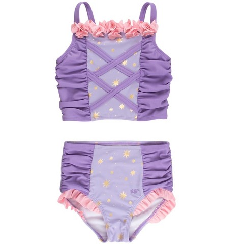 RuffleButts Girls UPF50+ Princess Dress-Up 2-Piece Swimsuit - Amethyst Princess, 6