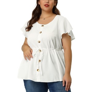 Agnes Orinda Women's Plus Size Round Neck Button Decor Drawstring Elastic Back Bell Sleeve Summer Blouse - 1 of 4