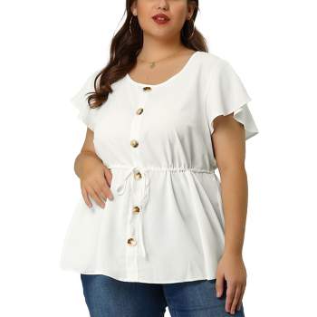 Agnes Orinda Women's Plus Size Round Neck Button Decor Drawstring Elastic Back Bell Sleeve Summer Blouse