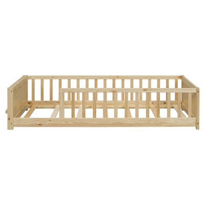 YOOCOZZ Twin Size Floor Platform Bed with Built-in Book Storage Rack and Guardrails