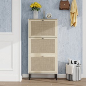 ALEXOUN Rattan 3 Door Shoe Rack - Freestanding Shoe Storage Cabinet,Easy to Assemble & Spacious Organizer for Entryway, Living Room,Porch - 1 of 4